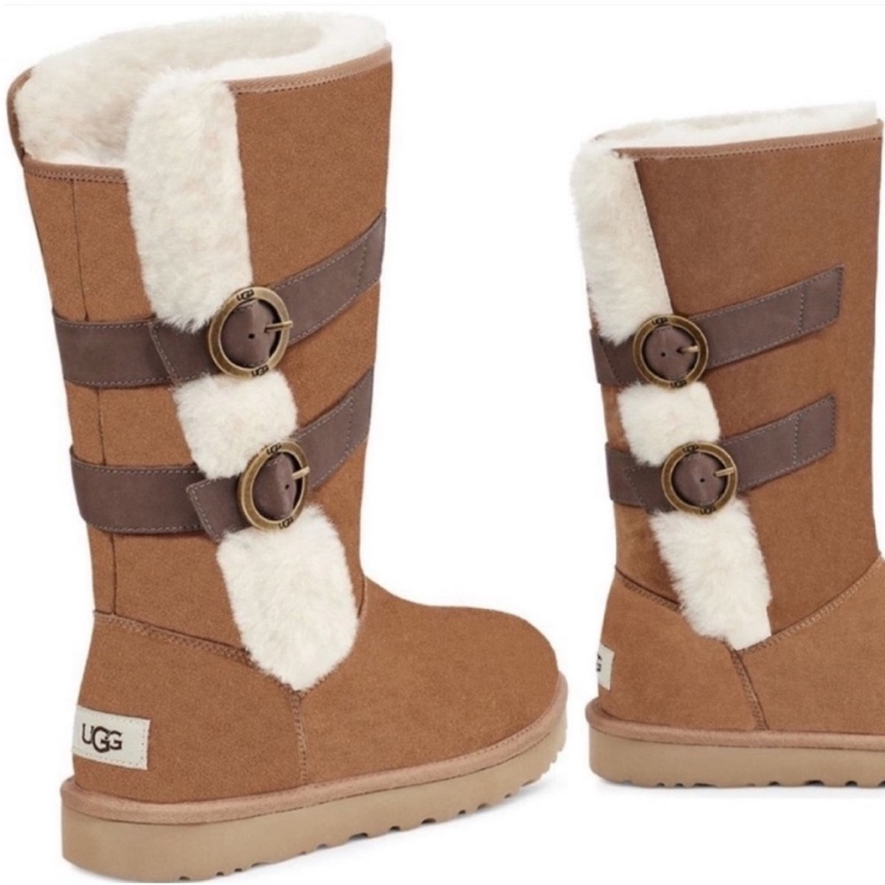 UGG Chestnut & Cream Shearling Mid-Calf Buckle Boots